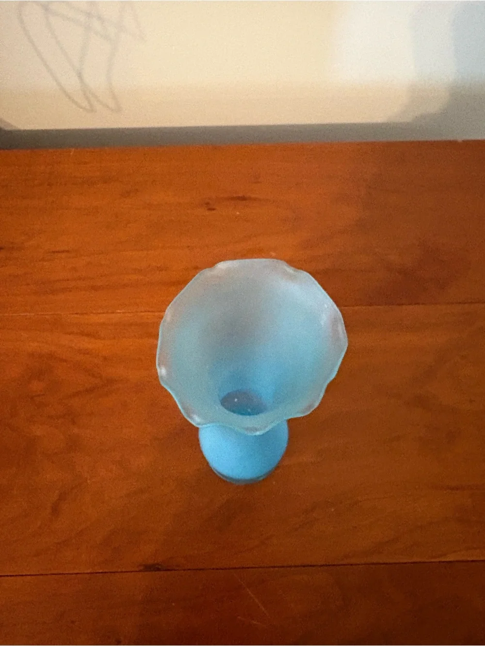 Vintage Frosted Blue Satin Art Glass Bud Vase Ruffled Scalloped Rim 8”